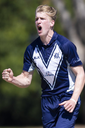 Will Sutherland takes a wicket for Victoria.