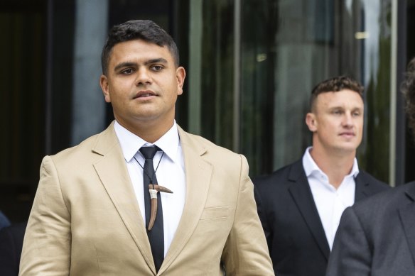 NRL players Latrell Mitchell (left) and Jack Wighton depart ACT Magistrates Court in Canberra on Wednesday.