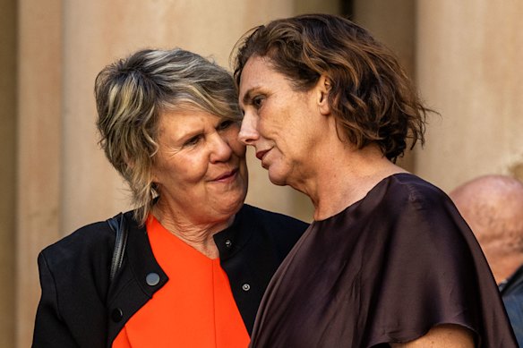 James Valentine’s wife Joanne Corrigan, and Fran Kelly leave the memorial.