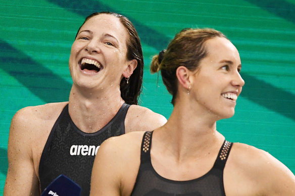 Cate Campbell, pictured with Dolphins teammate Emma McKeon, will compete at her fourth Olympics. 