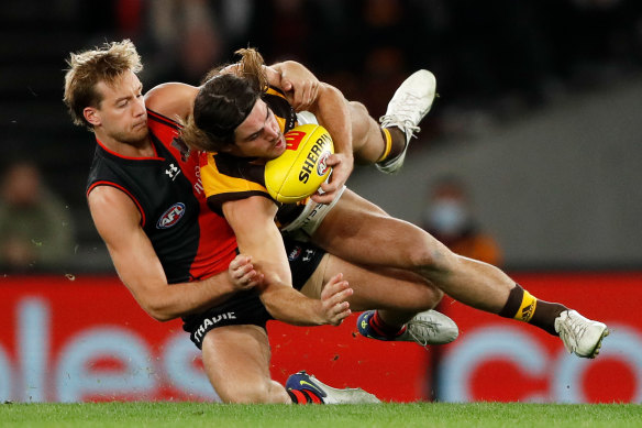 Hawthorn’s Jai Newcombe, right, pictured during round eight. 