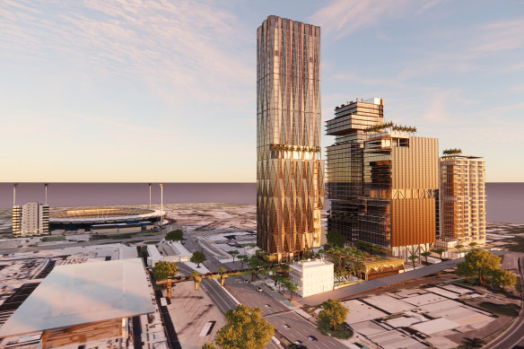 Woolloongabba’s proposed $1.2 billion Station Square, by developers Trenert, which could house Brisbane Metro bus connections, residences and businesses and reshape the Gabba.