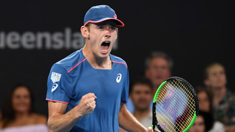 Alex De Minaur of Australia celebrates a point during his quarter final match against Tsonga 