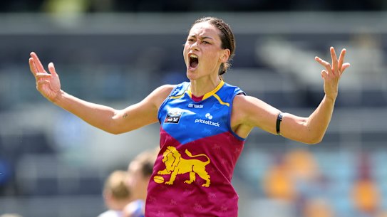 Jesse Wardlaw celebrates a Lions goal earlier this year.