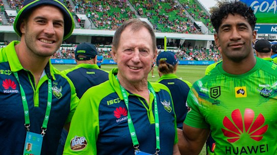 Peter Mulholland, second from left, with Canberra Raiders players Michael Oldfield, Sia Soliola and Dunamis Lui.