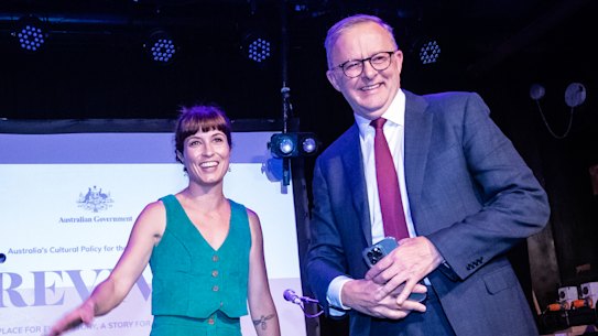 Prime Minister Anthony Albanese with Missy Higgins at the launch of Labor’s National Cultural Policy on Monday.