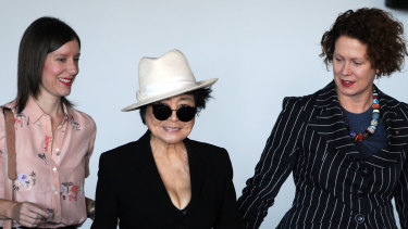 Yoko Ono (centre) pictured with curator Rachel Kent and MCA director Liz Ann Macgregor in 2013.