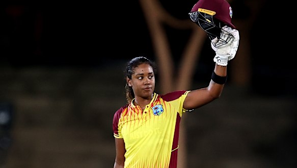Hayley Matthews of the West Indies celebrates scoring a century to help her side to a win over Australia.