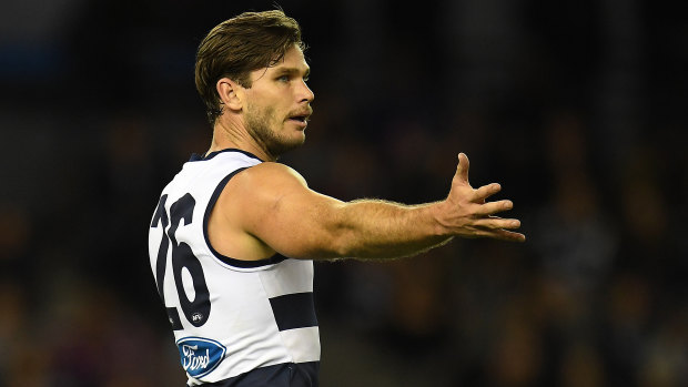 Cat napping: Star forward Tom Hawkins gave away seven free kicks in a team total of 31.