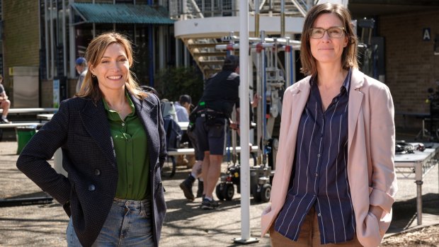 Claudia Karvan (left) and Kelsey Munro on the set of Bump at Sydney Secondary College Blackwattle Bay Campus in Glebe.