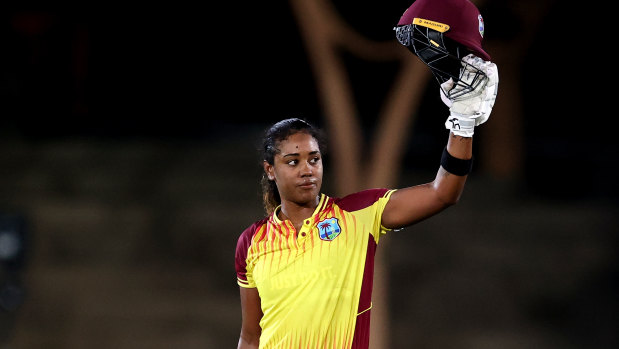 Hayley Matthews of the West Indies celebrates scoring a century to help her side to a win over Australia.