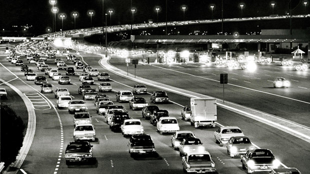 A traffic jam over the West Gate Bridge on the night it was opened 15 November 1978. 