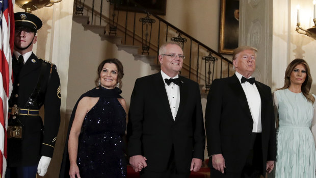 Jenny Morrison wearing sequinned Carla Zampatti during the Prime Minister's state visit to the USA in September.