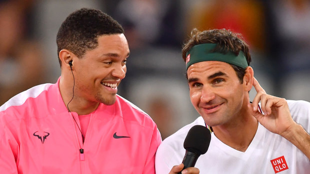 The Daily Show host Trevor Noah 'interviews' Federer courtside.
