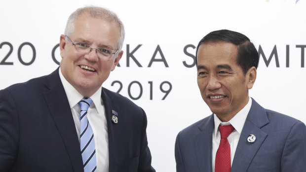 Prime Minister Scott Morrison meets with President of Indonesia Joko Widodo at the G20 in June.