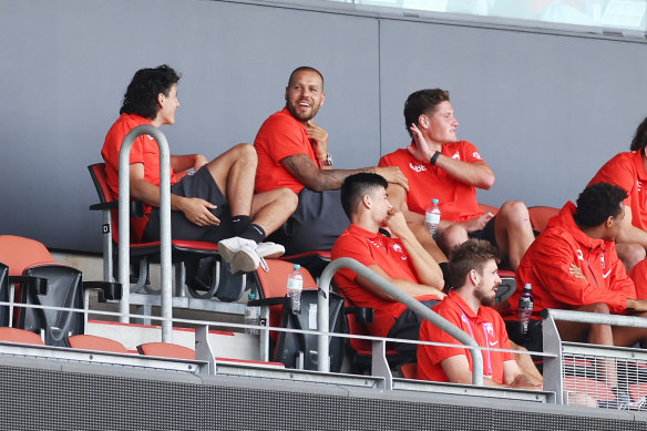 Lance Franklin watched Sunday’s clash from the stands at Giants Stadium.