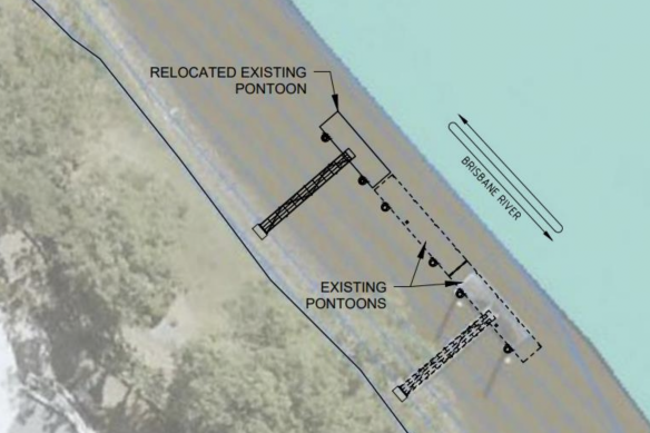 Planning documents showing the proposed jetty extension on the left, in addition to the already approved pontoons, overlayed onto the existing smaller berth.