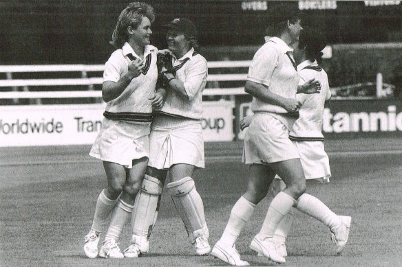 Christina Matthews (with gloves) celebrating while playing for Australia in 1987