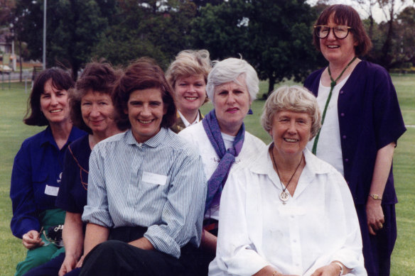 WEL members at the organisation’s 20th anniversary celebration in 1992. From left: Katy Richmond, Jan Harper, Jocelyn Mitchell, Iola Mathews, Val Byth, Joyce Nicholson and founder Beatrice Faust.