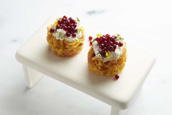 Potato bhaji with goat’s curd and shiraz caviar.