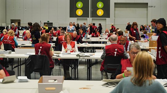 The VEC sorting ballots during the 2024 Victorian council elections.
