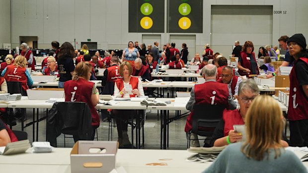 The VEC sorting ballots during the 2024 Victorian council elections.