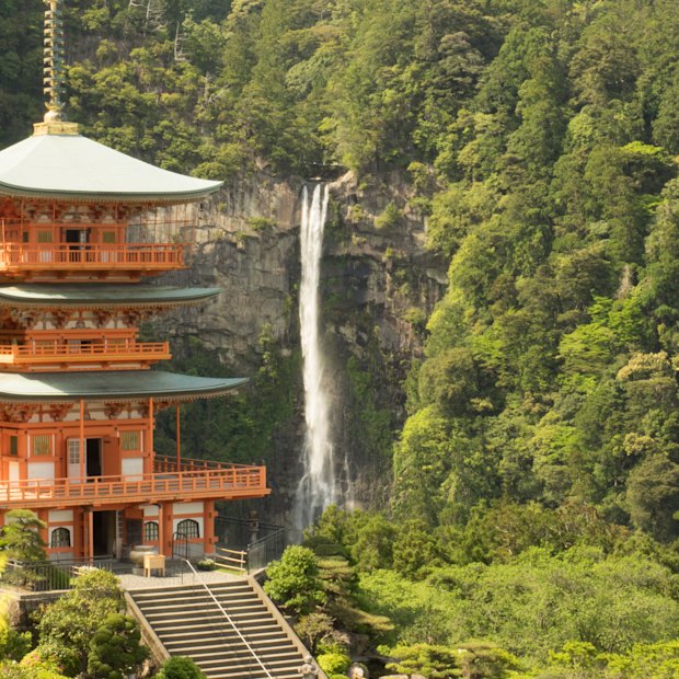 Seiganto-ji Temple and Nachi waterfall, a short walk on the Kumano Kodo pilgrimage route.