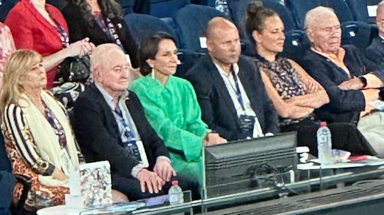 Tennis Australia chair Jayne Hrdlicka and former federal treasurer Josh Frydenberg watch the Australian Open tennis at Rod Laver Arena on Tuesday night.