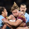 SYDNEY, AUSTRALIA - JUNE 08: Reuben Cotter of the Maroons is tackled during game one of the 2022 State of Origin series between the New South Wales Blues and the Queensland Maroons at Accor Stadium on June 08, 2022 in Sydney, Australia. (Photo by Cameron Spencer/Getty Images)