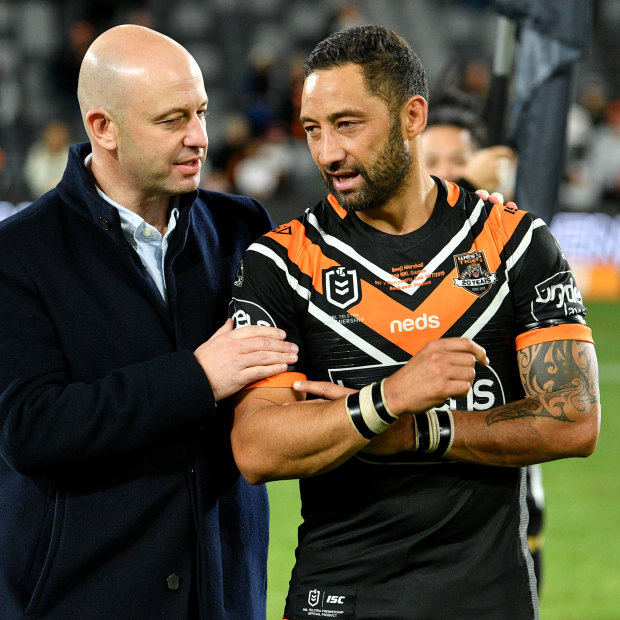 Former NRL chief executive Todd Greenberg with Benji Marshall after his 300th NRL game presentation.