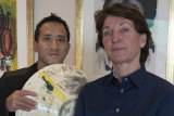 Marina Picasso, right, granddaughter of artist Pablo Picasso, and her son Florian Picasso with a ceramic Picasso artwork in Geneva this week. 
