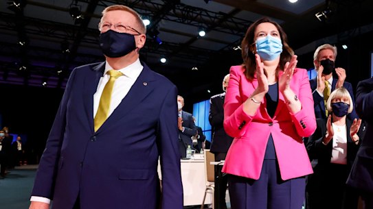 John Coates (left) and Queensland Premier Annastacia Palaszczuk at the 2032 Games announcement.