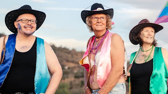 William Weller, right, Dianne Harris, centre, and Leoni Alwell will take part in Tamworth’s first ever Sydney Mardi Gras float on Saturday night.