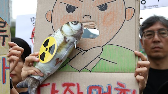 South Korean protesters decry the Japanese government’s decision to release the Fukushima water on Thursday.