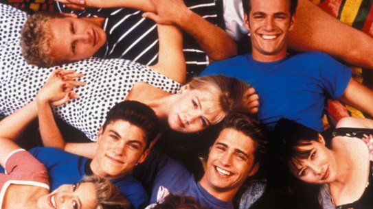 The cast of Beverly Hills, 90210 taken in their heyday. Clockwise from top left: Ian Ziering, Luke Perry, Shannon Doherty, Tori Spelling, Brian Austin Green, Jenni Garth and Jason Priestley.