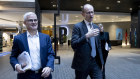Kevin Corbally and Shayne Elliott at ANZ’s half-year results in May 2024. 