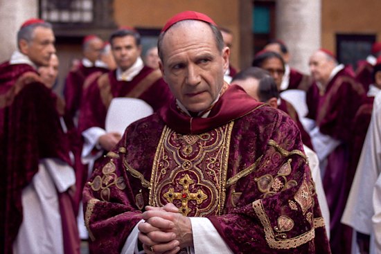 Ralph Fiennes as Cardinal Thomas Lawrence in the film Conclave.