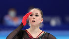 Kamila Valieva of Team ROC reacts during competition on Friday.