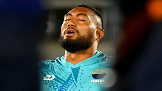 Sekope Kepu sings in the team huddle following the Super Rugby pre-season trial match between Moana Pasifika and the Chiefs.