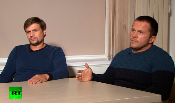 The men – appearing as 'Ruslan Boshirov' and 'Alexander Petrov' – on the Kremlin-backed RT news network.