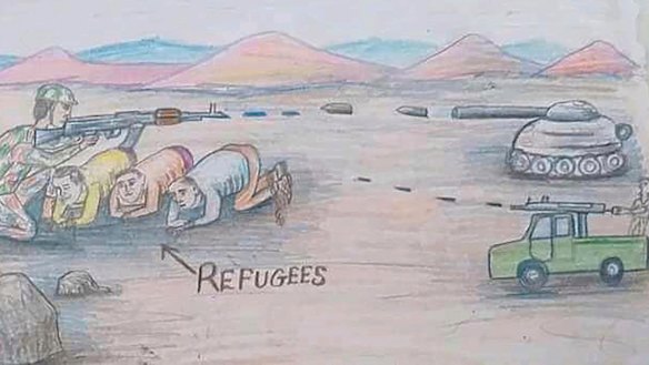 This drawing by a migrant artist nicknamed Aser depicts refugees in Libya. The refugees are trapped in the fighting between forces of military commander Khalifa Hifter and militias allied with the UN-supported government in Tripoli. 