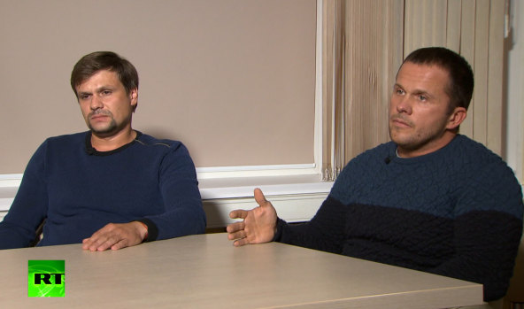 The men – appearing as 'Ruslan Boshirov' and 'Alexander Petrov' – on the Kremlin-backed RT news network.