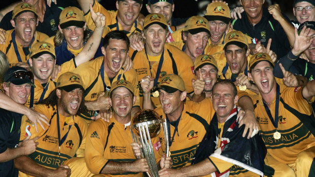 Halcyon days: Australia celebrate winning the World Cup in 2007 after defeating Sri Lanka in the final at Kensington Oval in Bridgetown, Barbados.