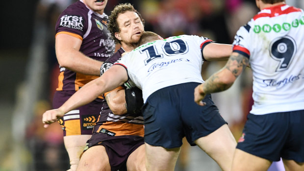 Head to head: Dylan Napa escaped a ban for his head-first tackle on Korbin Sims.