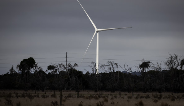 A turbine at the Mortlake South Wind Farm, in south-west Victoria, where the project has been delayed. 