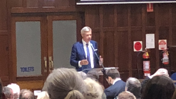 Michael Kroger addressing the state assembly meeting on Friday night, where he resigned. 