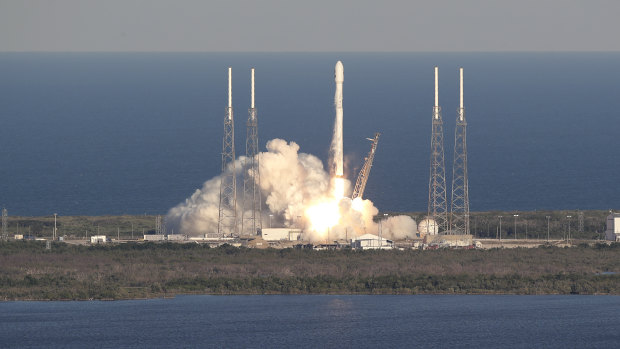 A SpaceX Falcon 9 rocket transporting the Tess satellite lifts off from launch complex 40 at the Cape Canaveral Air Force Station in Cape Canaveral, Florida.