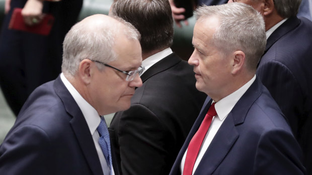Done deal ... Prime Minister Scott Morrison and Opposition Leader Bill Shorten on the tense final sitting day of the year. 