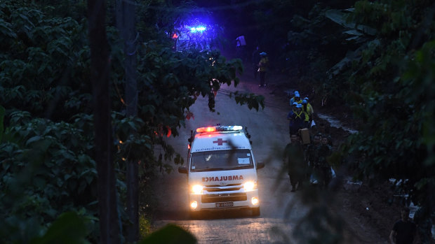 An ambulance carries the 6th person rescued from Tham Luang cave. 