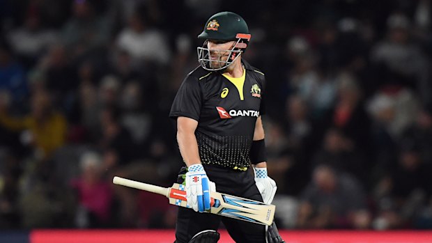 Aaron Finch leaves the field after being dismissed cheaply by Tim Southee in Australia’s loss to New Zealand during game one of their T20 series at Hagley Oval in Christchurch.